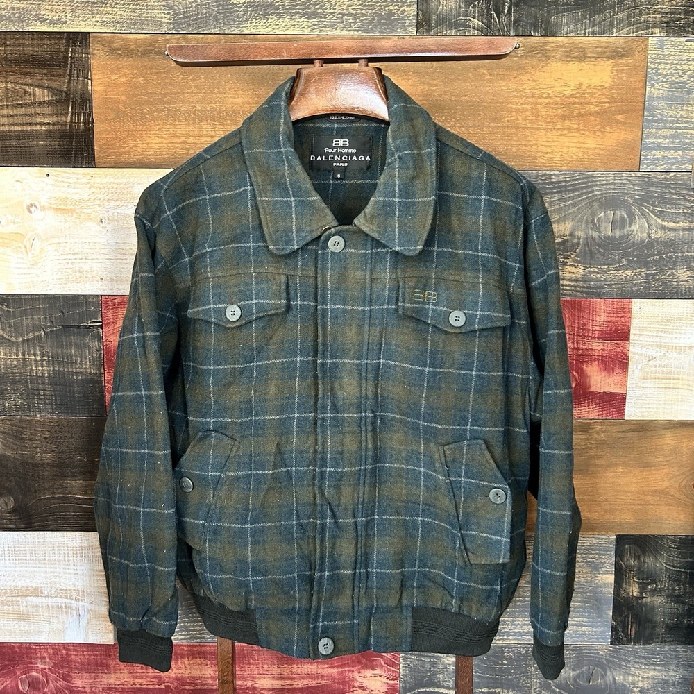 Vintage Balenciaga Wool Plaid Full Zip Bomber Jacket Mens 5 Green Blue XL